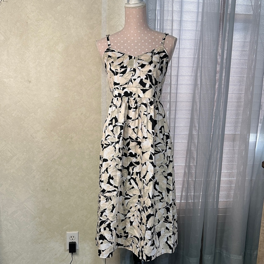 LOFT Black and Cream Floral Midi Dress